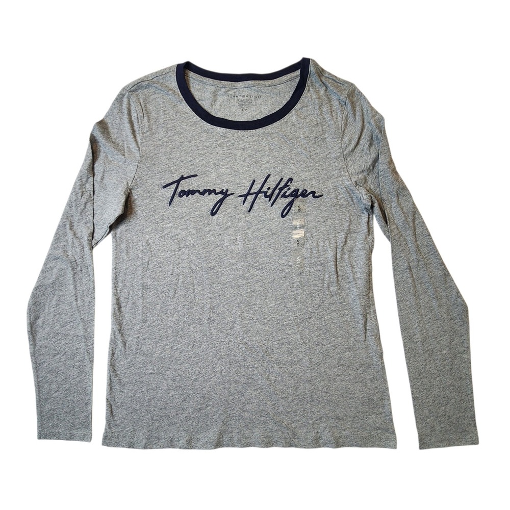 Tommy Hilfiger Womens Long Sleeve‎ T-Shirt Embroidery Logo Name, Gray, Small New